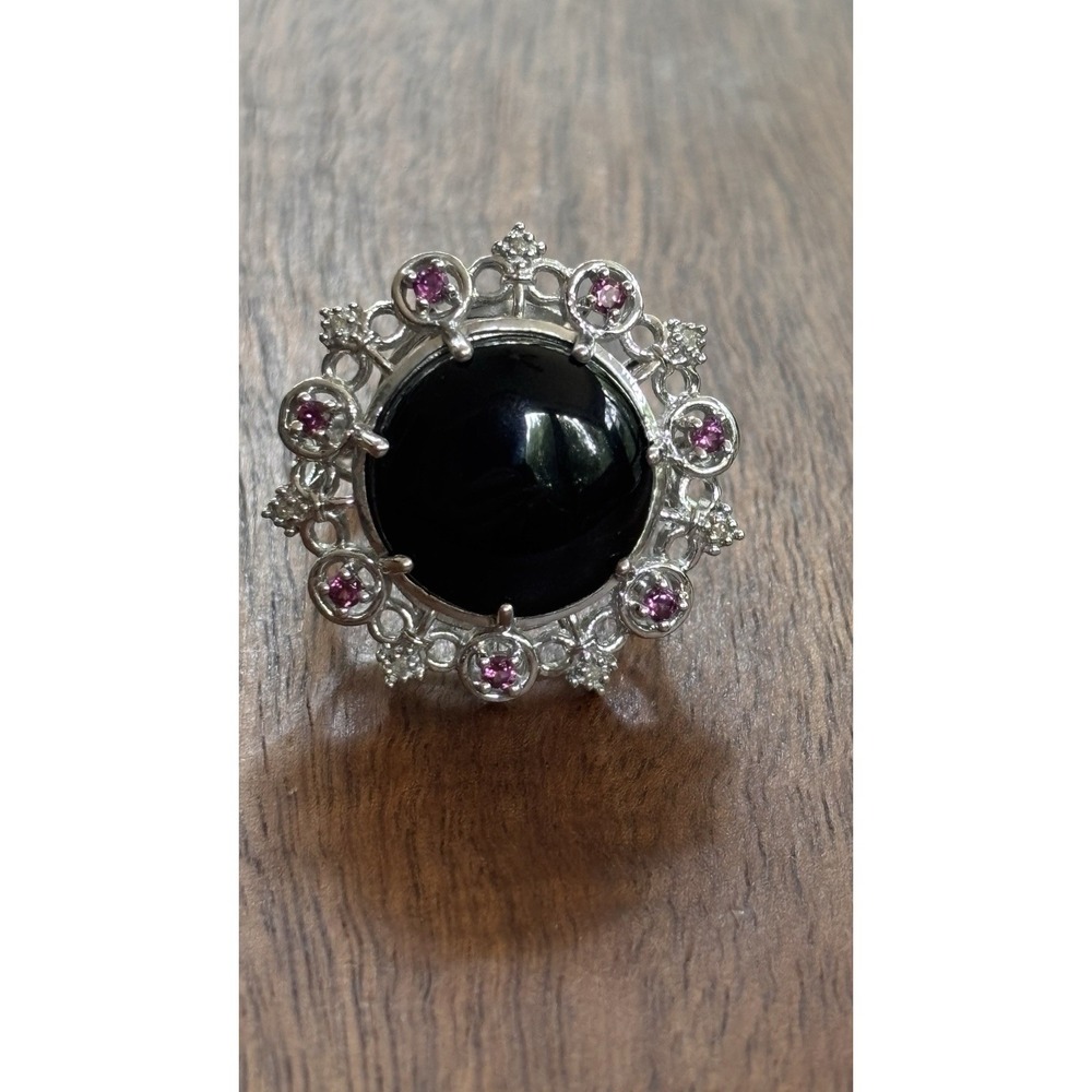 HN Sterling Silver 925 Onyx Garnet & Diamond Accent Statement Ring Sz 7